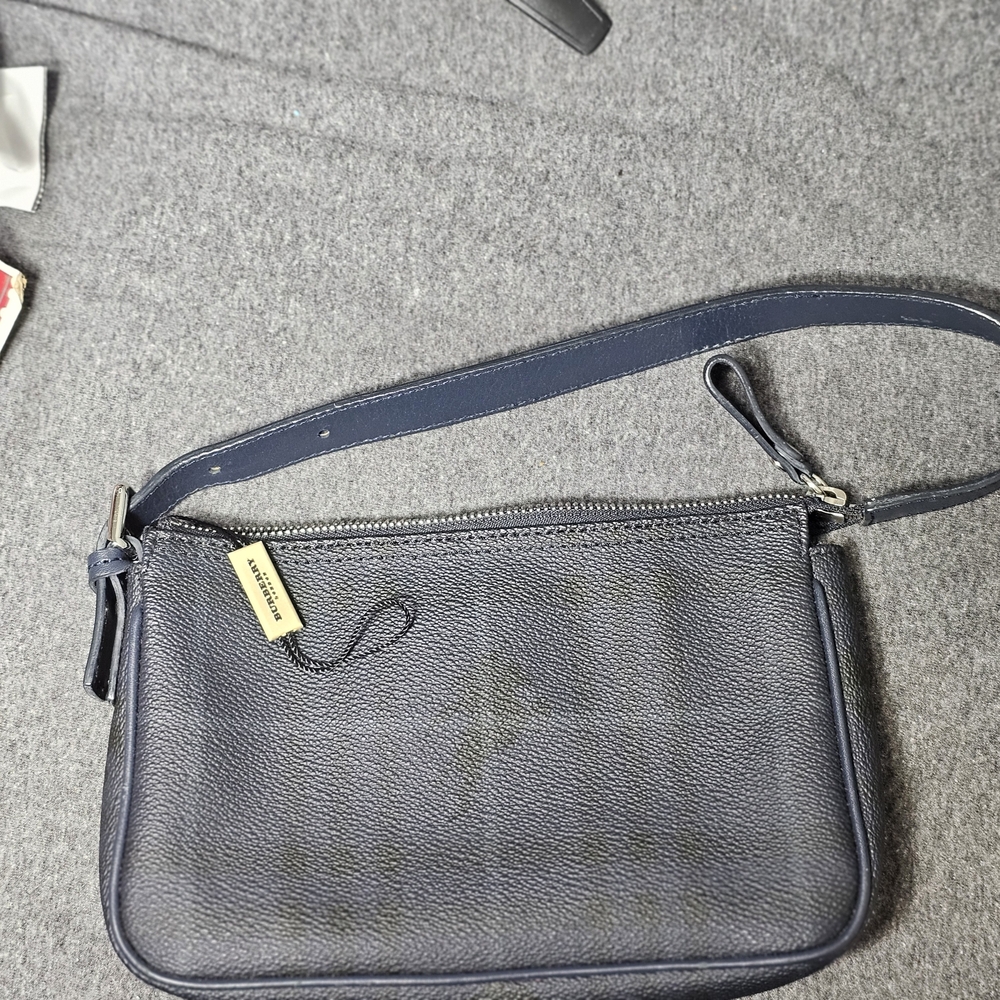 Burberry Dark Blue Pebbled Grained Leather Shoulder Bag Small Zip Top Minimalist